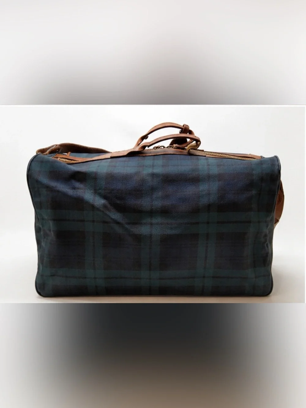 Polo by Ralph Lauren Plaid Travel Weekender Duffle Bag with Brown Leather Trim